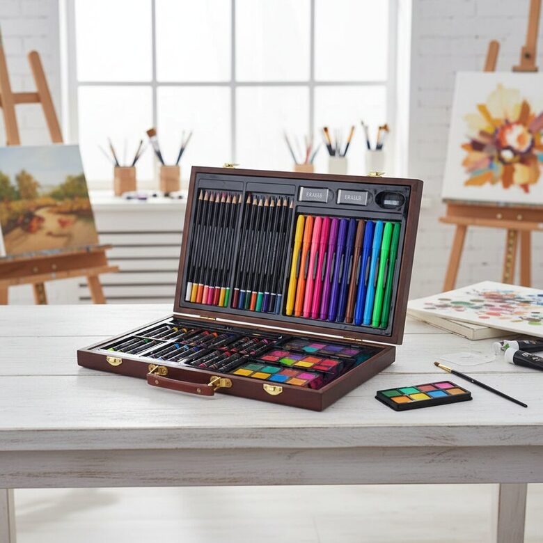 Gleznošanas un krāsošanas komplekts bērniem, koka čemodānā, 81 gab