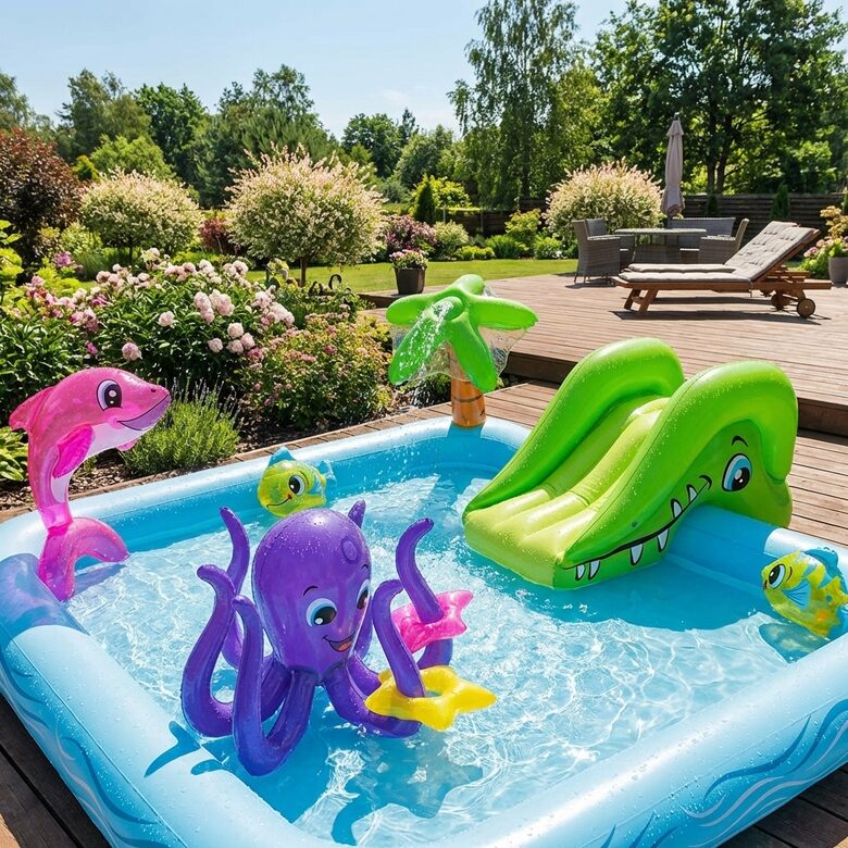 Baseins bērniem ar slidkalniņu un piepūšamajām mantiņām