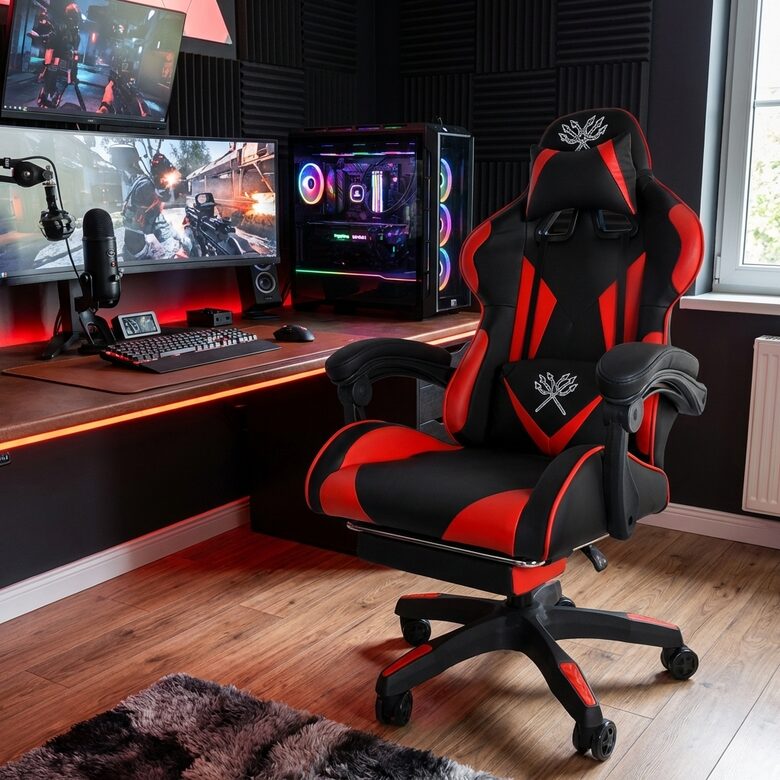 Krēsls ar kāju balstu, melns ar sarkanu biroja un mājas datorkrēsls 