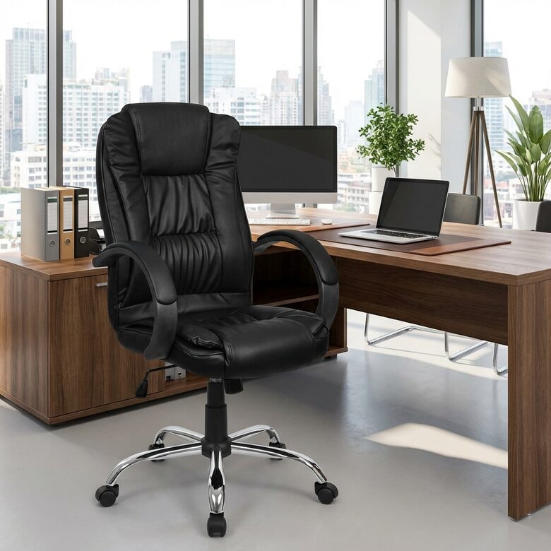 Biroja krēsls ar augstu atzveltni, melns eko ādas