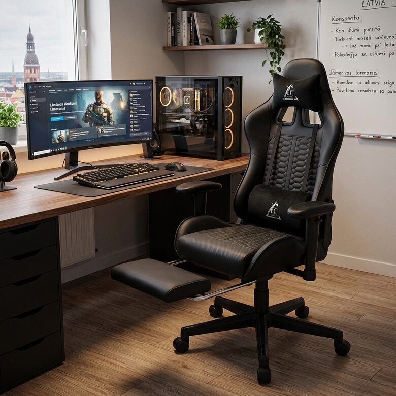 Grozāms biroja DatorKrēsls ar Kāju Balstu un Masāžas Spilvenu - melns