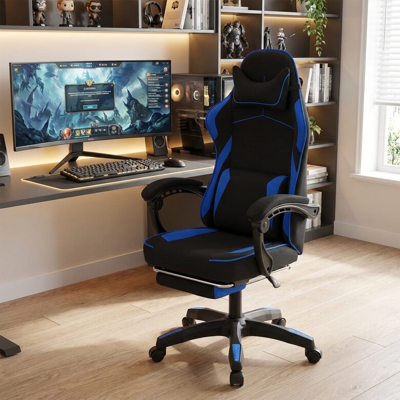 Zils ar melnu Datorkrēsls ar kāju balstu un masāžas jostas spilvenu, regulējams biroja krēsls līdz 150 kg, tekstila apdare