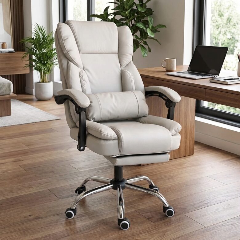Biroja krēsls ar kāju balstu, krēmkrāsas eko āda, regulējams 90–155°, Datorkrēsls līdz 150 kg