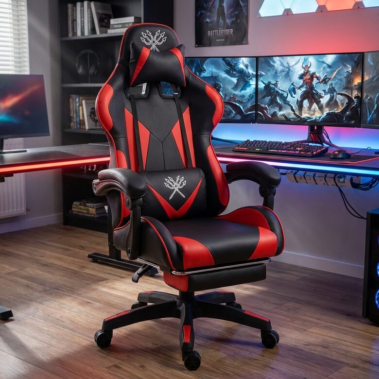 Biroja krēsls ar kāju balstu, melns ar sarkanu, datorkrēsls