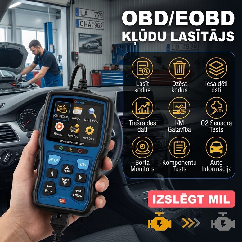 OBD2 PRO skaneris, kļūdu lasīšana/dzēšana (visām automašīnām no 1996 - 2022 gadam, OBDII EOBD Scanner DTC)