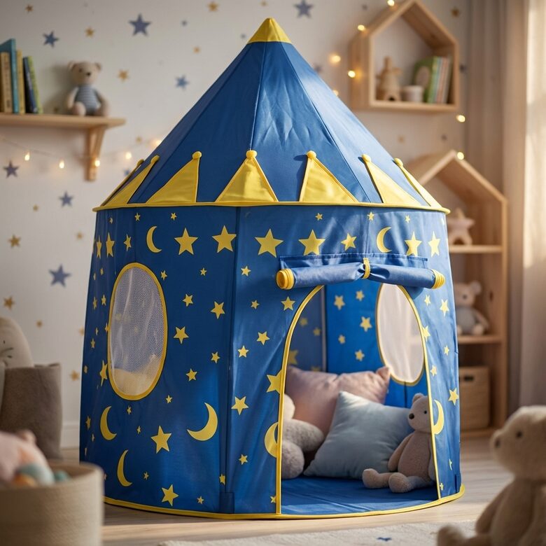 Bērnu spēļu telts Zvaigžņu pils 105x130 cm, zila