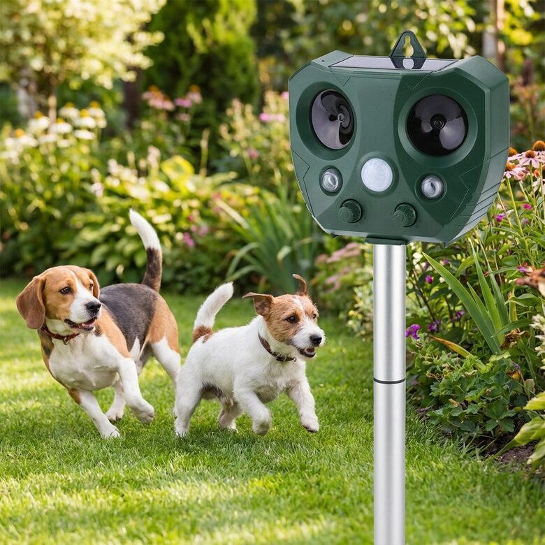 Ultraskaņas dzīvnieku atbaidītājs ar saules uzlādi un kustības sensoru