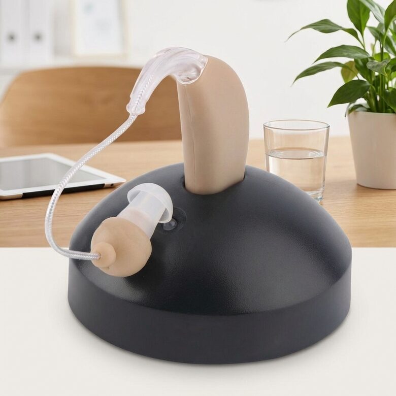 Skaņas pastiprinātājs, dzirdes aparāts aiz auss - lādējams, ar maināmiem uzgaļiem