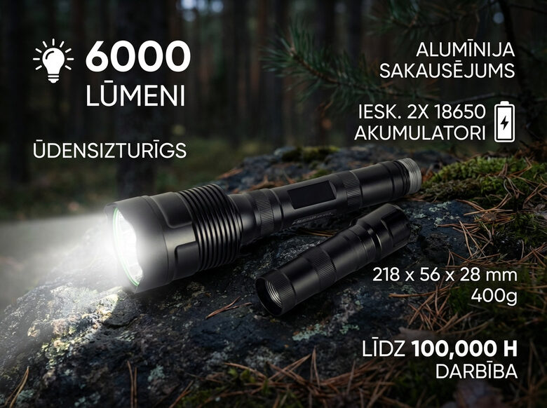 Komplekts: LED lukturis + T6 x3 baterijas, 2x akumulatori 18650, lādētājs, distances slēdzis, ieroča turētājs