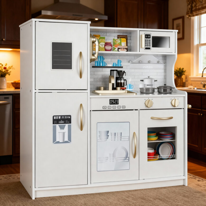 Rotaļu Koka virtuve bērniem (80/80,5/24cm) ar gaismām un aksesuāriem, gaiši pelēkā krāsā