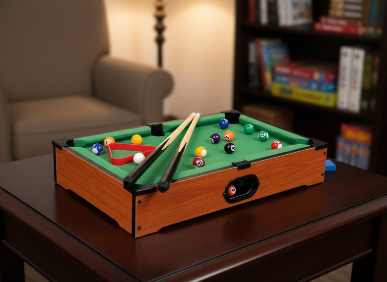 Galda biljards ''mini'' ar divām kijām, bumbiņām, trijstūri un krītu, 52 x 31 x 9cm