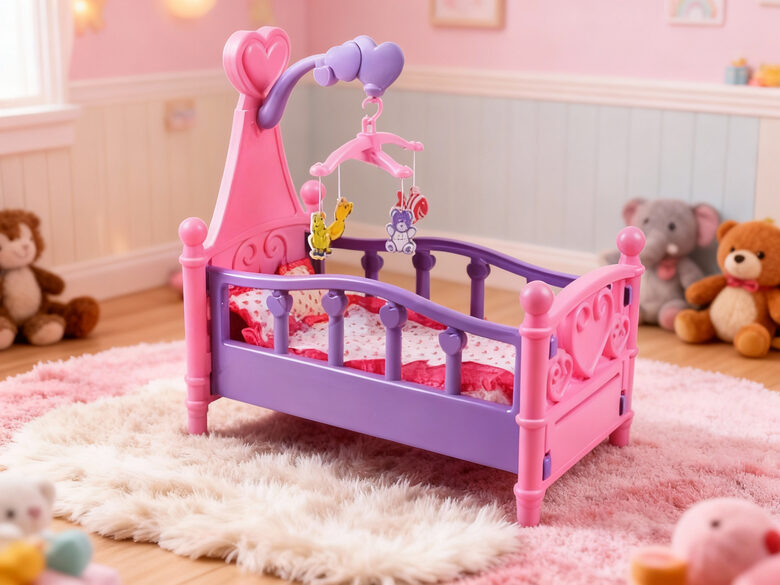 Leļļu gulta ar karuseli, gultasveļu, 49 x 28 x 49 cm