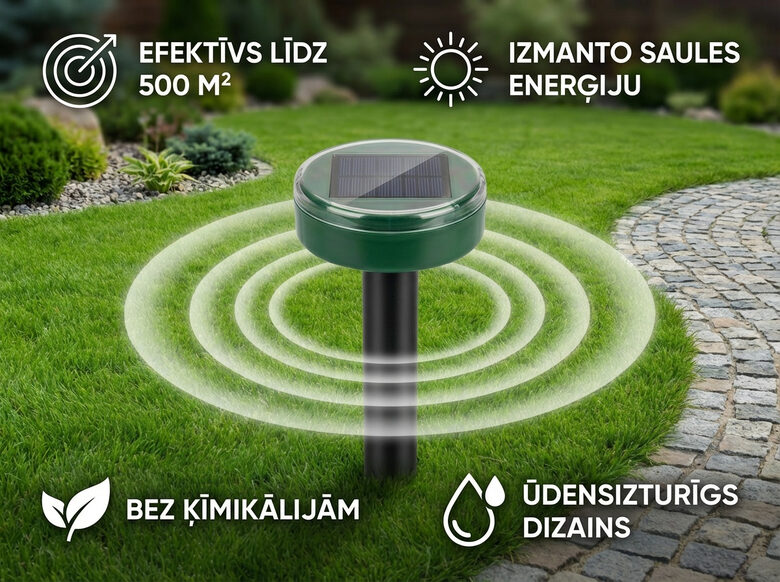 Atbaidīšanas līdzeklis kurmjiem, pelēm, vāverēm 500kvm, ar saules bateriju