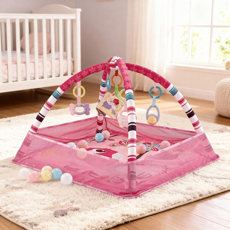 Aktivitāšu paklājs bērniem, sētiņa - manēža, rozā