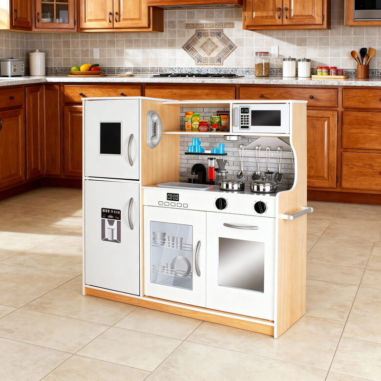 Bērnu koka virtuves komplekts 80/80,5/24cm, ar apgaismojumu un aksesuāriem, pelēks ar koka krāsu