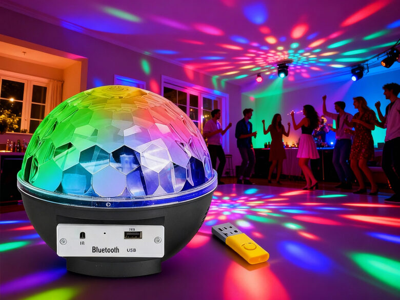 Krāsainā disko bumba ar bluetooth funkciju, stereo, mp3 un tālvadības pulti, 16 x 18 x 17cm