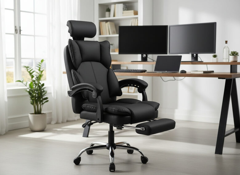 Ergonomisks biroja krēsls ar izvelkamu kāju balstu