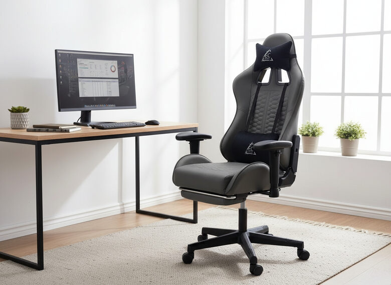 Ergonomisks biroja krēsls ar masāžas funkciju un kāju balstu, datorkrēsls