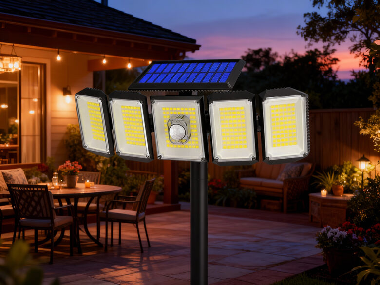 Saules enerģijas LED lampa ar kustību sensoru un 5 regulējamiem paneļiem