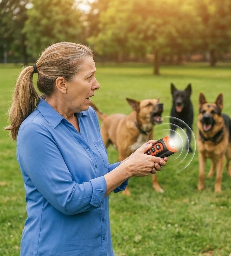 Jaudīgs (3x membrānas) Suņu atbaidītājs - nomierinātājs ar ultraskaņu un gaismu (darbojas pret visu šķirņu suņiem, kaķiem, lapsām, vilkiem)