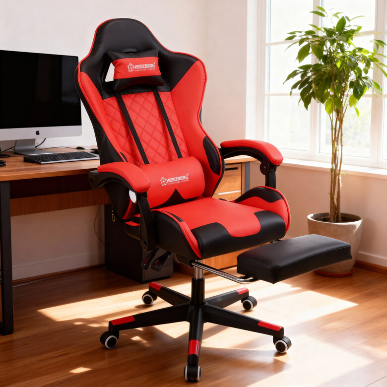 Biroja krēsls Herzberg HG-8081 ar masāžas funkciju, sarkans ar melnu datorkrēsls