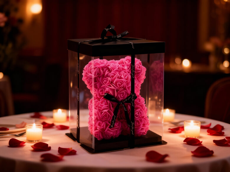 Dekoratīvs lācis no rozēm 25 cm rozā krāsā