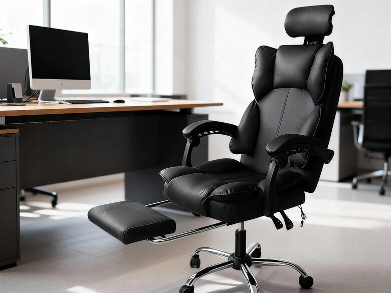 Ergonomisks biroja krēsls ar izvelkamu kāju balstu
