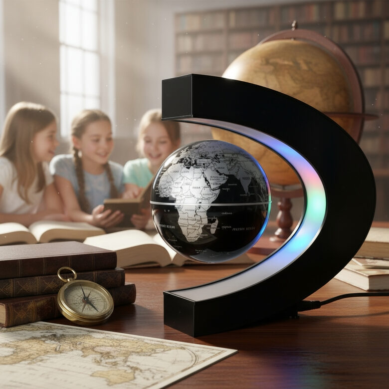 Rotējošs levitējošais globuss ar magnētisko lauku un LED apgaismojumu