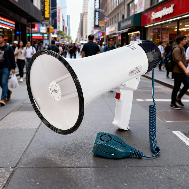 Megafons ar dziesmām, balts ar melnu 33 x 20 cm, 25W ar iekšējo, ārējo mikrofonu un ieraksta funkciju