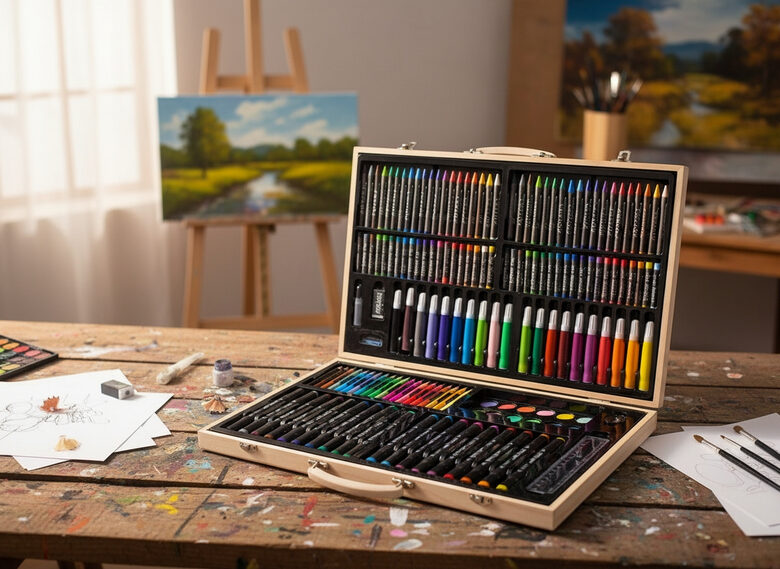 Zīmēšanas piederumu komplekts 180 gab. (flomasteri, ūdenskrāsas, krītiņi ), koka čemodāniņā