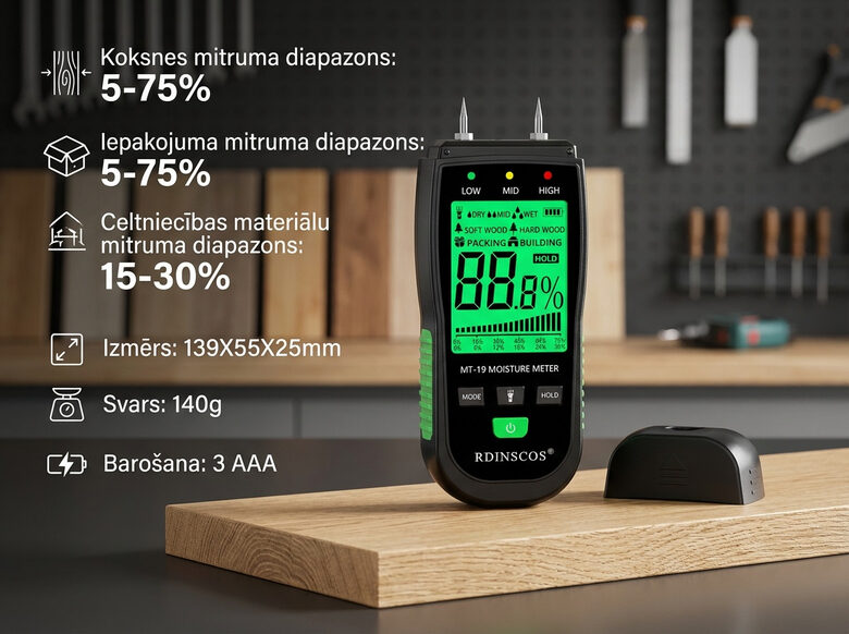 Mitruma mērītājs ar LCD ekrānu (kokam, ēku sienām, augsnei, iepakojumam, u.c.)