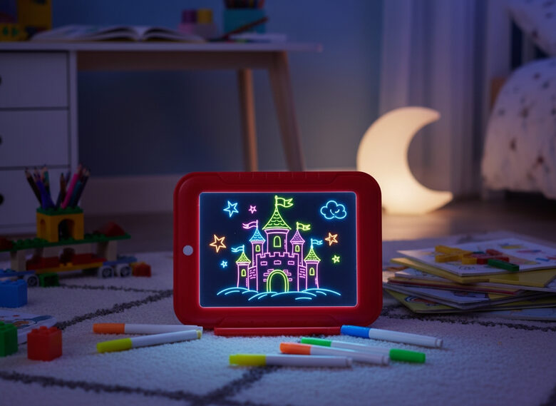 Zīmēšanas tāfele ar gaismas efektiem un flomasteriem