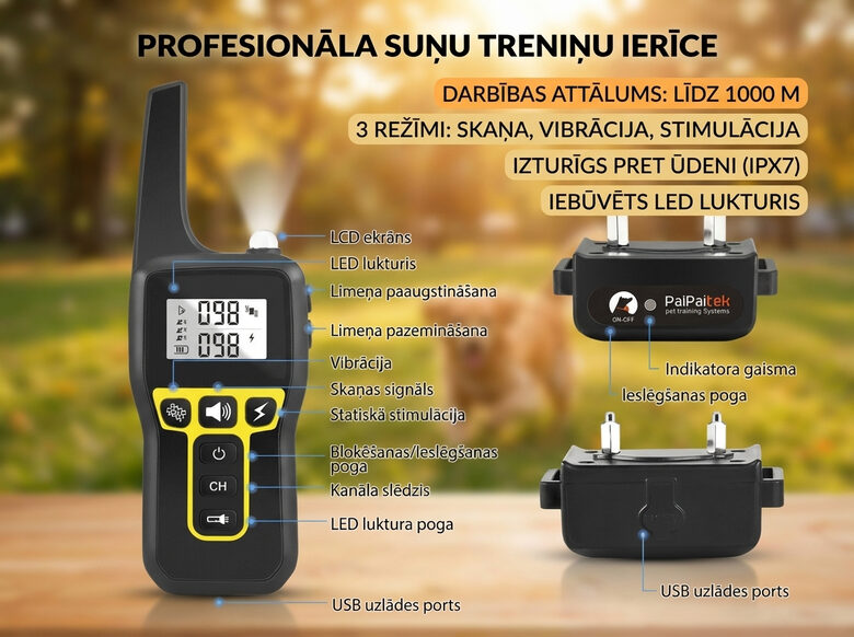 Suņu dresūras siksna (1000m) ar elektro impulsu, vibrāciju, skaņas signālu, uzlādējama un mitrumizturīga