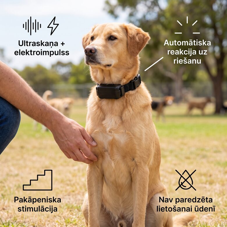 Pretriešanas suņu siksna ar ultraskaņu un elektroimpulsu