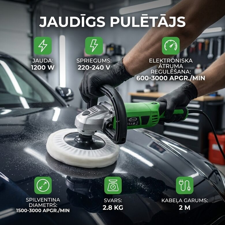 Pulējamā mašīna 1200w ar elektroniski maināmu ātrumu un pulēšanas spilventiņu