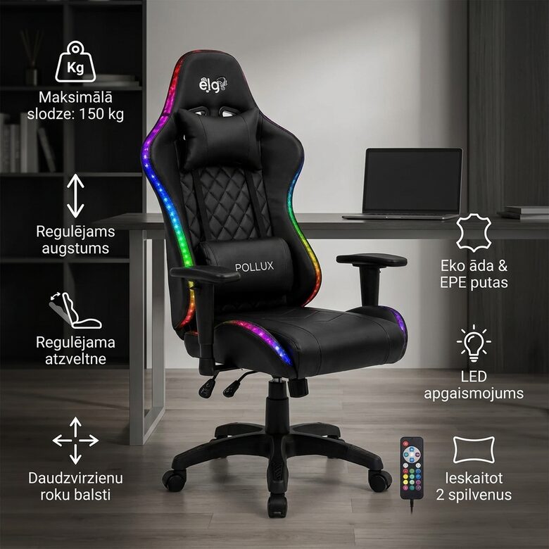 Ergonomisks datorkrēsls ar LED apgaismojumu, regulējamiem roku balstiem, spilveniem un eko ādas apdari līdz 150 kg