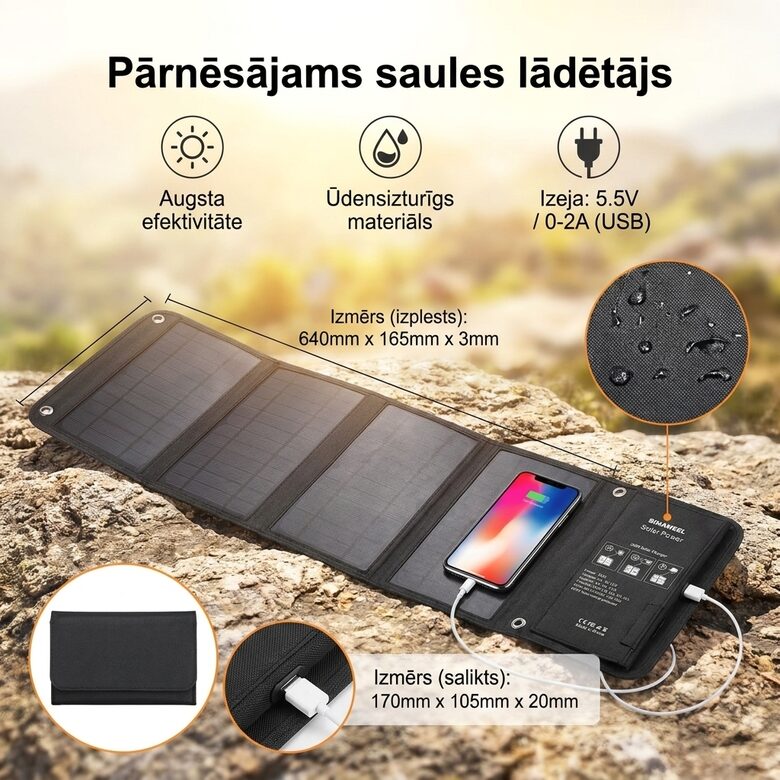 Saules panelis telefona lādētājs USB 5V 2A 20W kempingam saliekams