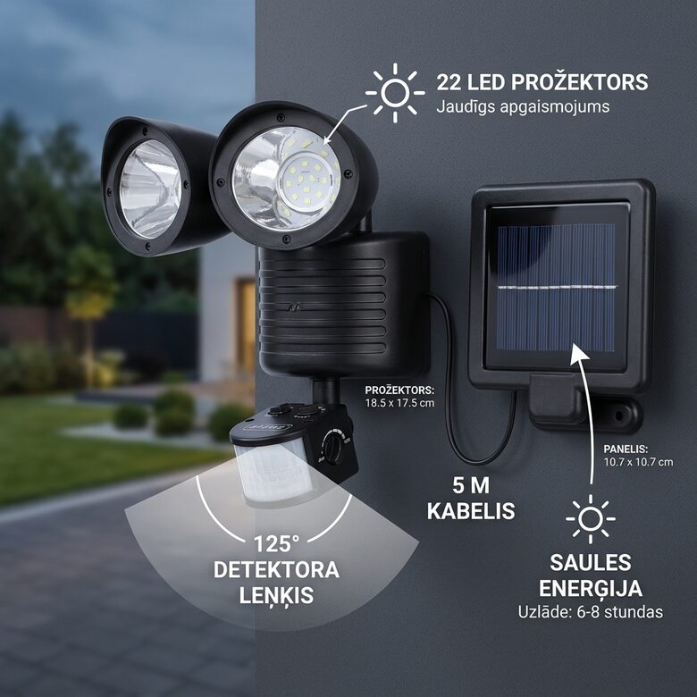 Led Prožektors ar kustības sensoru un saules baterijām