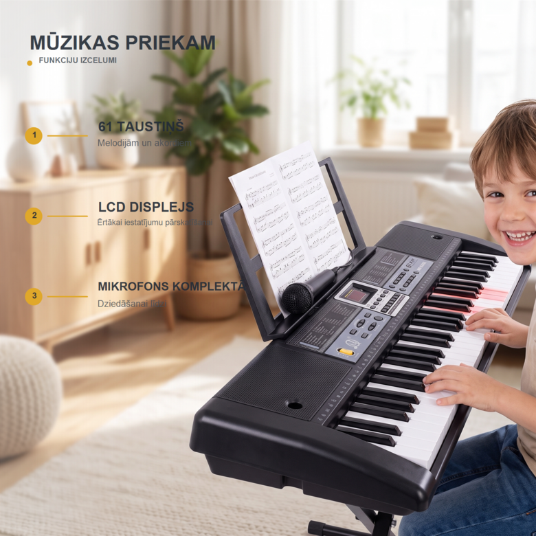 Sintezators bērniem XXL 61 taustiņu ar LCD displeju un mikrofonu 2.4 kg