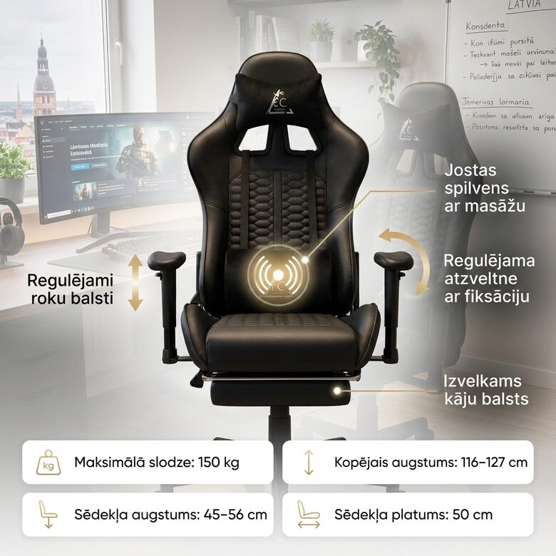 Grozāms biroja DatorKrēsls ar Kāju Balstu un Masāžas Spilvenu - melns