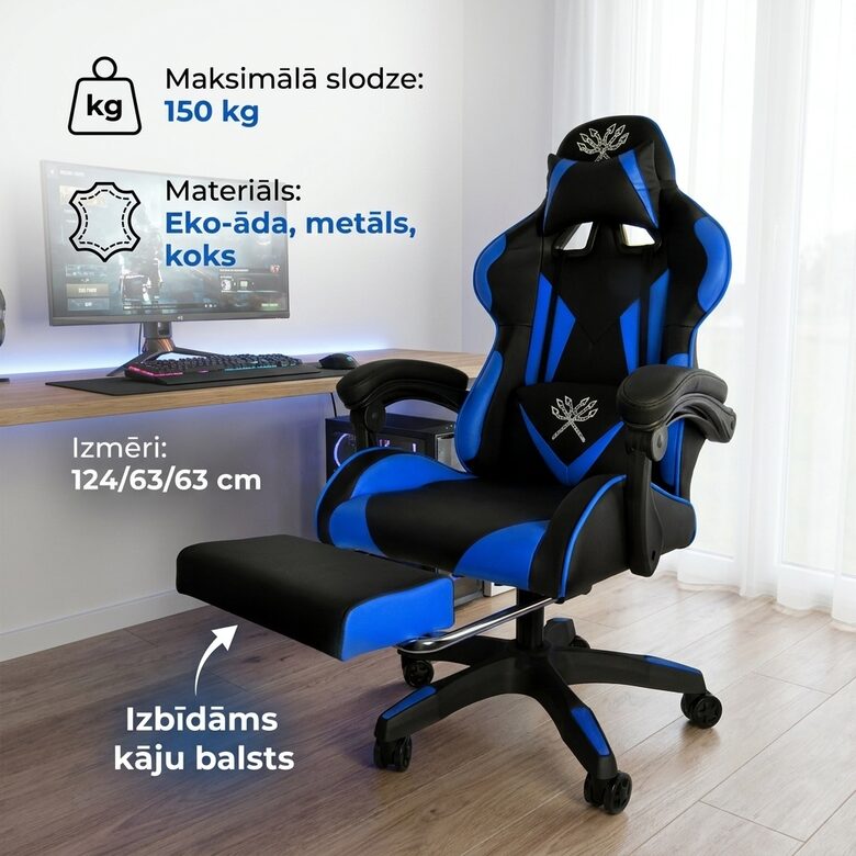 'Geimeru' datorkrēsls ar kāju paliktni, zils ar melnu
