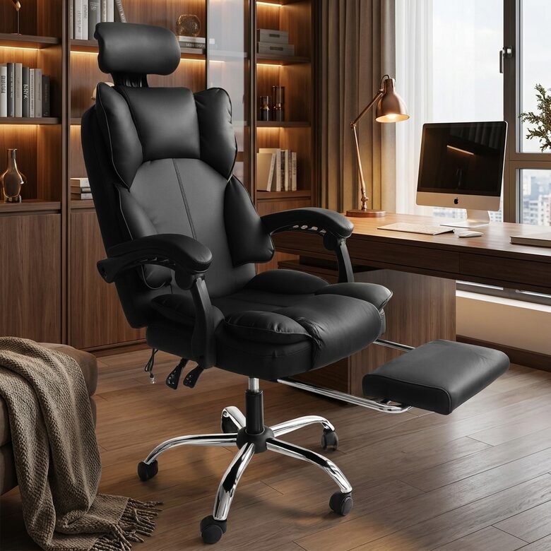 Ergonomisks biroja krēsls ar izvelkamu kāju balstu