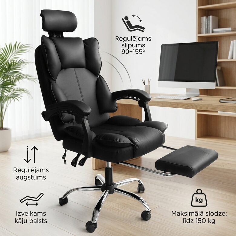 Ergonomisks biroja krēsls ar izvelkamu kāju balstu