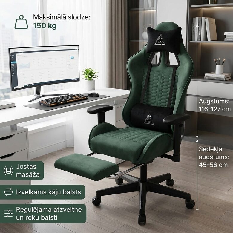 Ergonomisks Krēsls ar Kāju Balstu un Masāžas Spilvenu - tumši zaļš biroja datorkrēsls