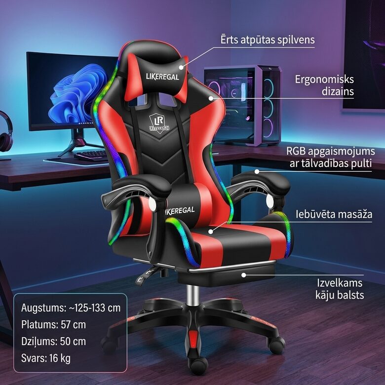 Datorkrēsls ar Led, Masāžas krēsls sarkans ar melnu