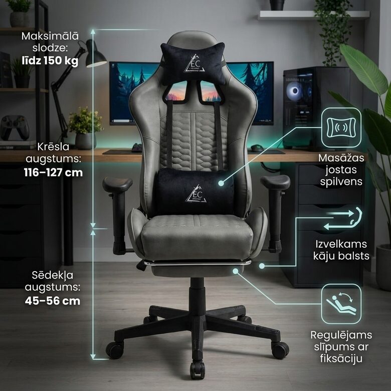 Ergonomisks biroja krēsls ar masāžas funkciju un kāju balstu, datorkrēsls
