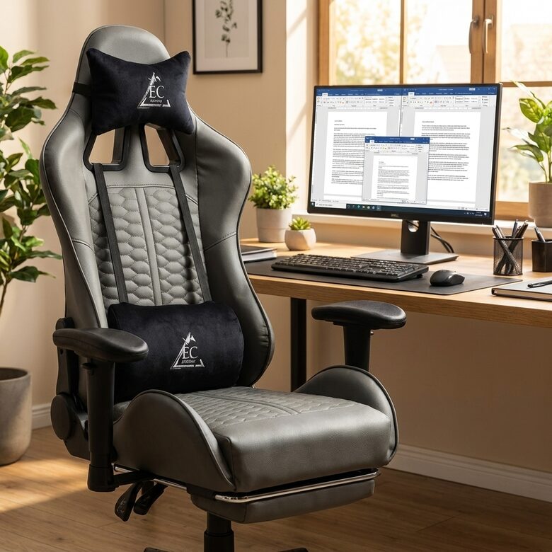 Ergonomisks biroja krēsls ar masāžas funkciju un kāju balstu, ērts datorkrēsls
