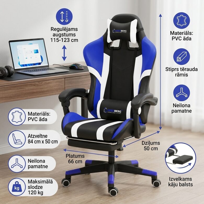 Ergonomisks un biroja krēsls ar kāju balstu, zils ar melnu, Datorkrēsls