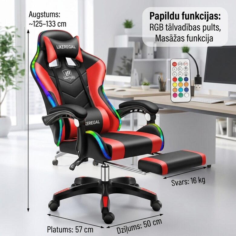 Datorkrēsls ar Led, Masāžas krēsls sarkans ar melnu