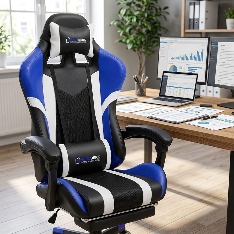 Ergonomisks biroja krēsls ar kāju balstu, zils ar melnu, Datorkrēsls